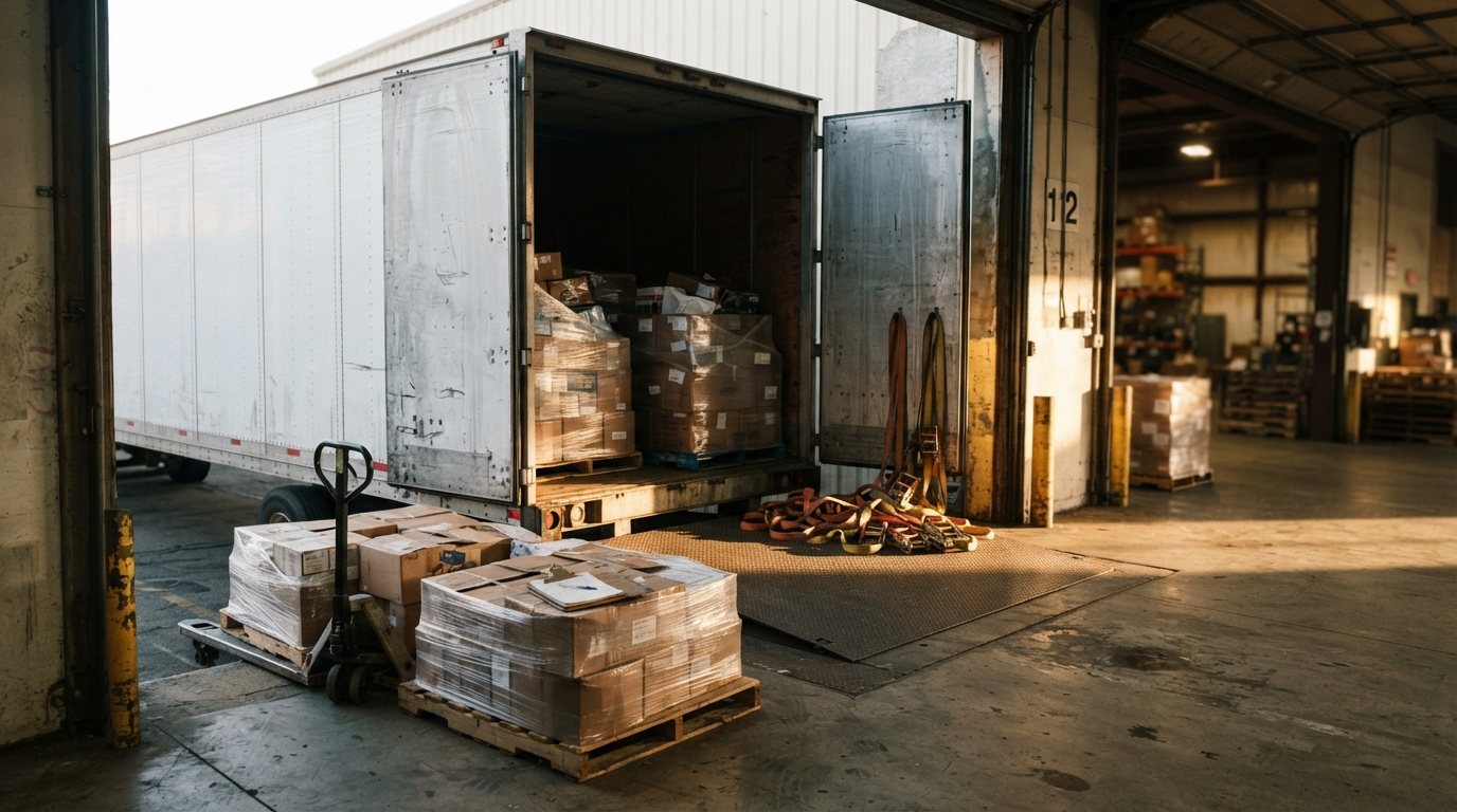 A trailer backed square to a receiving bay at the far end of the run, doors open and freight already offloaded onto the dock plate with load straps coiled on the deck, low late-day light raking across the concrete, one clipboard resting on a pallet, no people posed for camera and no branding on the equipment