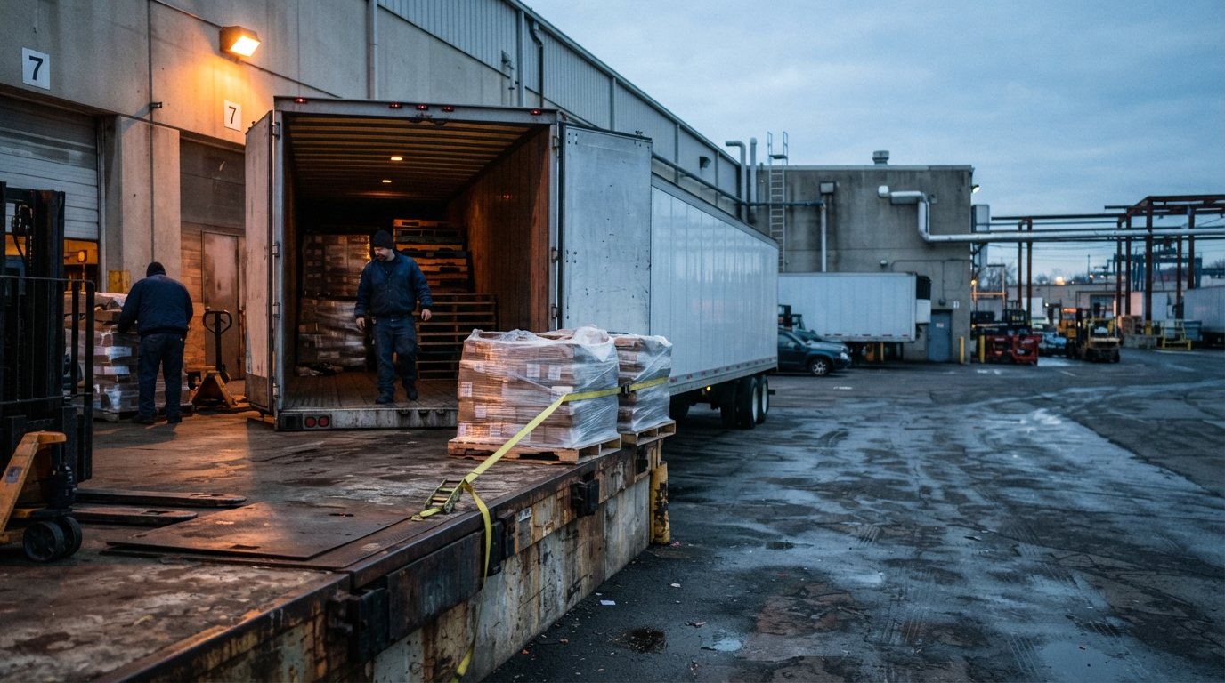 A dry-van trailer backed to a loading dock in cold first light, rear doors swung wide, shrink-wrapped pallets strapped and waiting on the dock lip with a ratchet strap tensioned across the front row; wet asphalt, sodium dock lamp still on, no signage or decals anywhere on the trailer